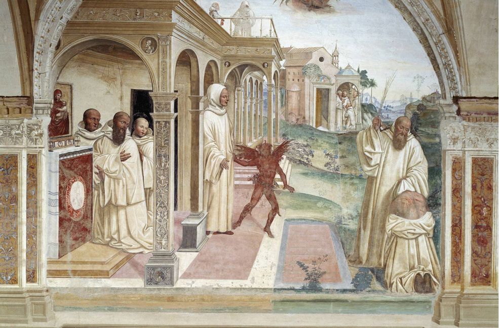 Der Heilige Benedikt (rechts) schlägt einen  Besessenen und befreit ihn so vom Teufel –  Malerei in der Abtei von Monte Oliveto Maggiore in der Toskana.
 Foto: imago/Leemage/imago stock