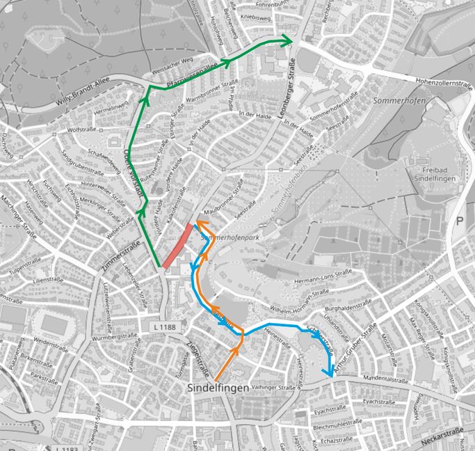 Auf dem Plan sieht man die Umleitung um den gesperrten Bereich der Leonberger Straße. Grafik: Stadtwerke Sindelfingen