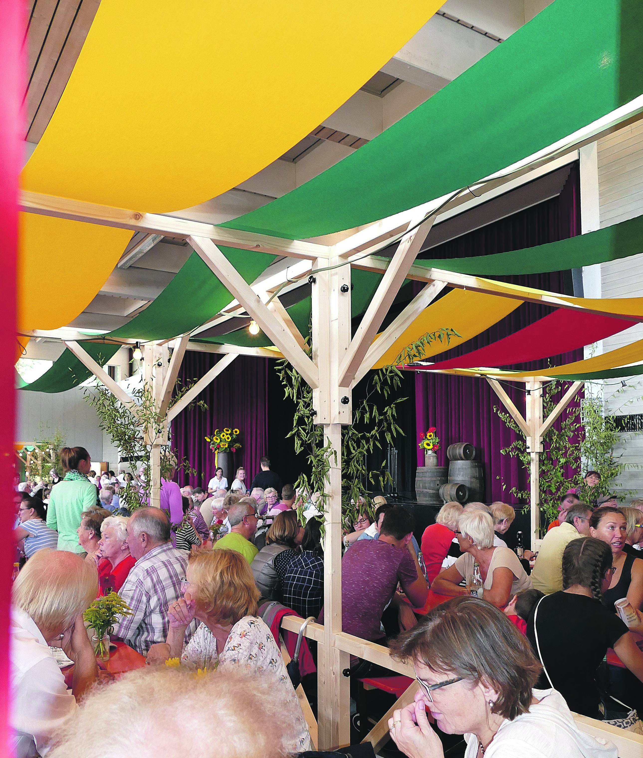 In der Ehninger Festhalle bauten die Liederkranz-Mitglieder Weinlauben auf. Bild: Lück