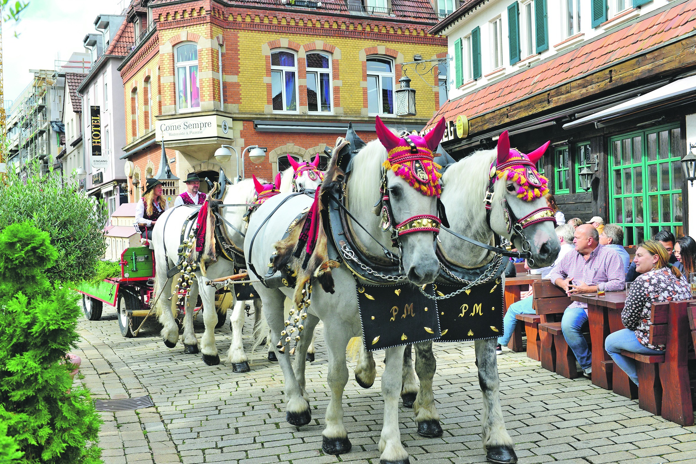 Prächtige Gespanne zogen am Sonntag beim Pferdeumzug über den Wettbachplatz. Bilder: Stampe