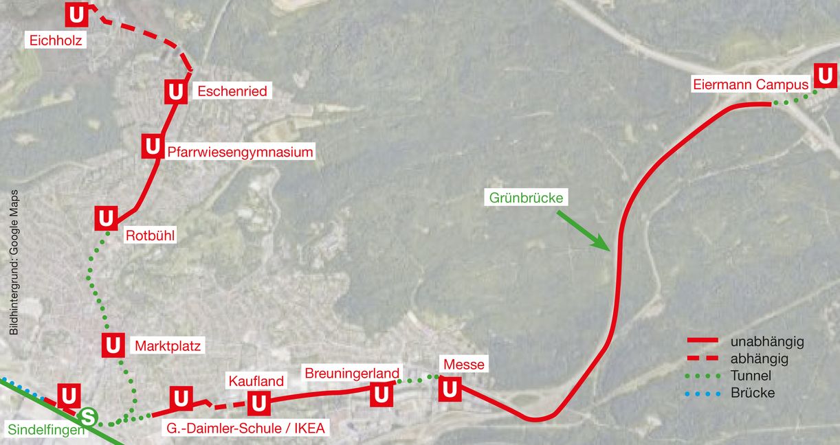 Die rote Linie zeigt die mögliche Streckenführung der Vaihinger Stadtbahn-Verlängerung nach Sindelfingen hinein.   Bild: z