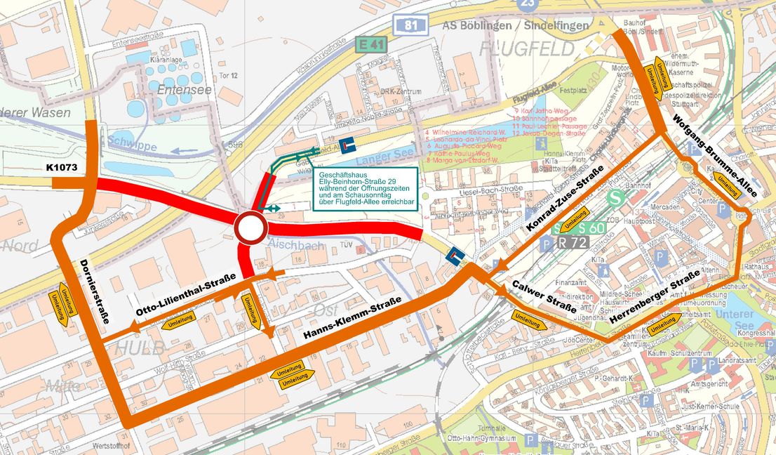 Für das erste Dezember-Wochenende: Umleitungen über das Gewerbegebiet Hulb werden für beide Fahrtrichtungen eingerichtet. Ebenso von der Flugfeld-Allee kommend über Wolfgang-Brumme-Allee – Konrad-Zuse-Straße zur Calwer Straße / Gewerbegebiet Hulb.  Umleitungen für den Fuß- und Radverkehr werden ebenfalls entsprechend ausgeschildert.   Bild: Stadt Böblingen
