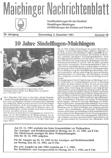 10 Jahre Sindelfingen-Maichingen: Die Titelseite des Maichinger Nachrichtenblatts vom 3. Dezember 1981. Bild: Bezirksamt Maichingen