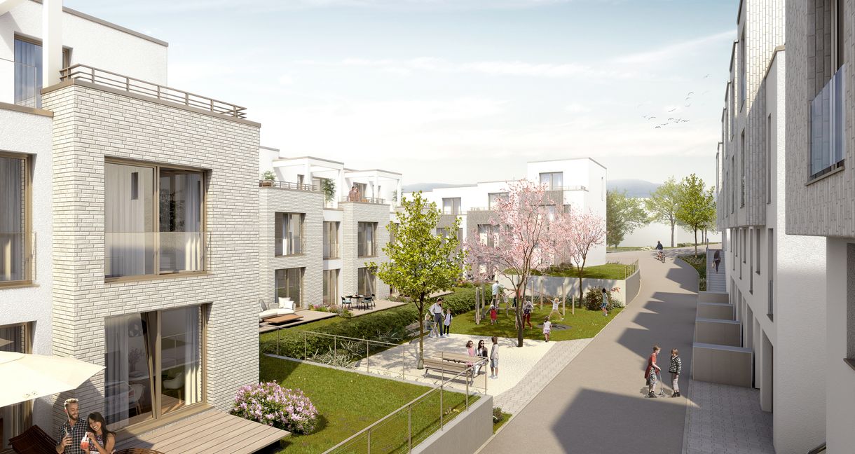 In der Ihinger Straße in Magstadt entstehen sechs Doppelhaushälften und 19 Reihenhäuser. Hier ist der Quartiersplatz zu sehen, mit Spielplatz und Sitzgelegenheiten. Er soll den Bewohnerinnen und Bewohnern die Möglichkeit für Begegnung und Kommunikation bieten. Quelle: Projekt GmbH