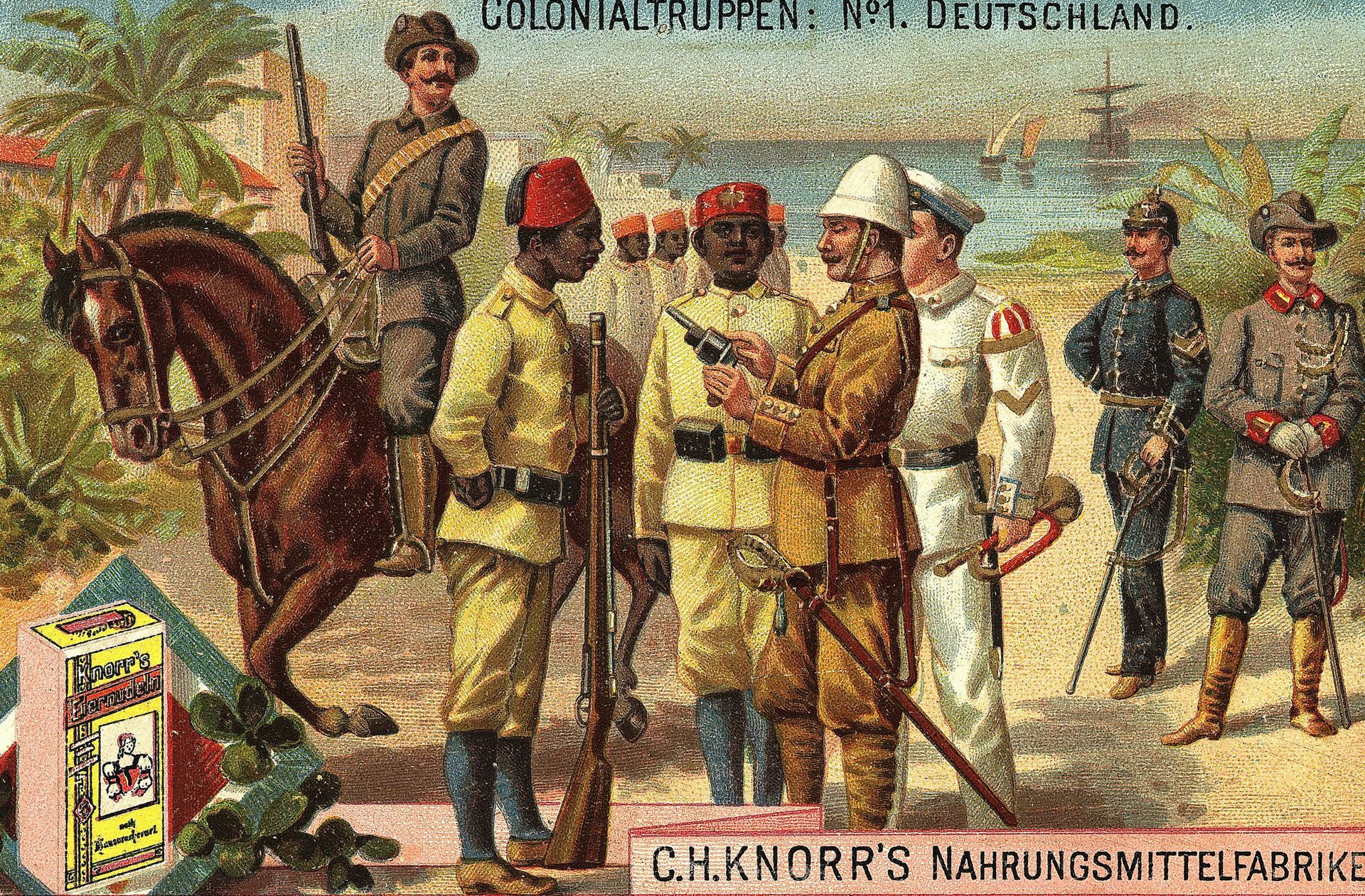 Der Kolonialismus spielte sich keineswegs nur auf fernen Kontinenten ab. In Baden-Württemberg waren die Menschen ganz unmittelbar mit ihm konfrontiert durch Ausstellungen,  Kolonialwaren oder Sammelbildern von C. H. Knorrs Nahrungsmittelfabriken (Abbildung), die das Linden-Museum Stuttgart in seiner Sonderausstellung „Schwieriges Erbe“ zeigt. Foto: Willi Goffart