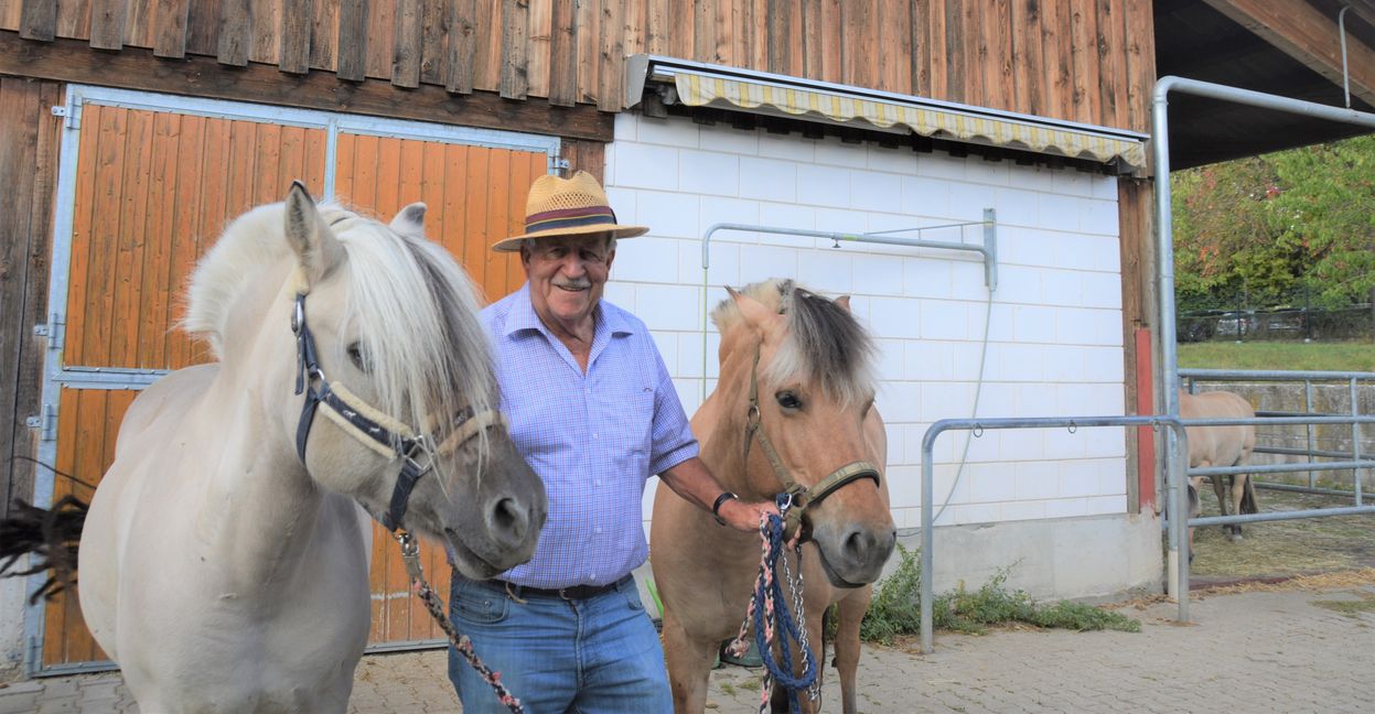 Walter Arnold mit den Ponys Svana und Wenja vor seinem Reitstall in Maichingen: Am Sonntag beim Rosstag werden zum Festumzug 30 Pferdegruppen erwartet. Bild: Gluiber