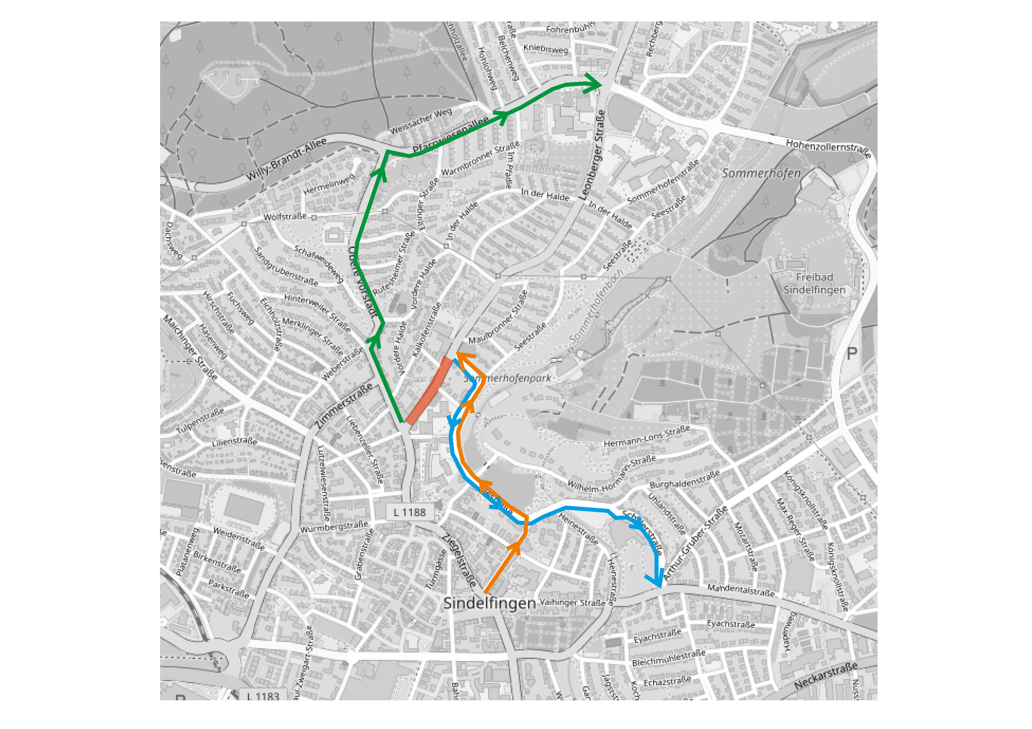 Auf dem Plan der Stadt Sindelfingen sieht man die Sperrung der Leonberger Straße und die möglichen Umleitungen. Grafik. Stadt Sindelfingen