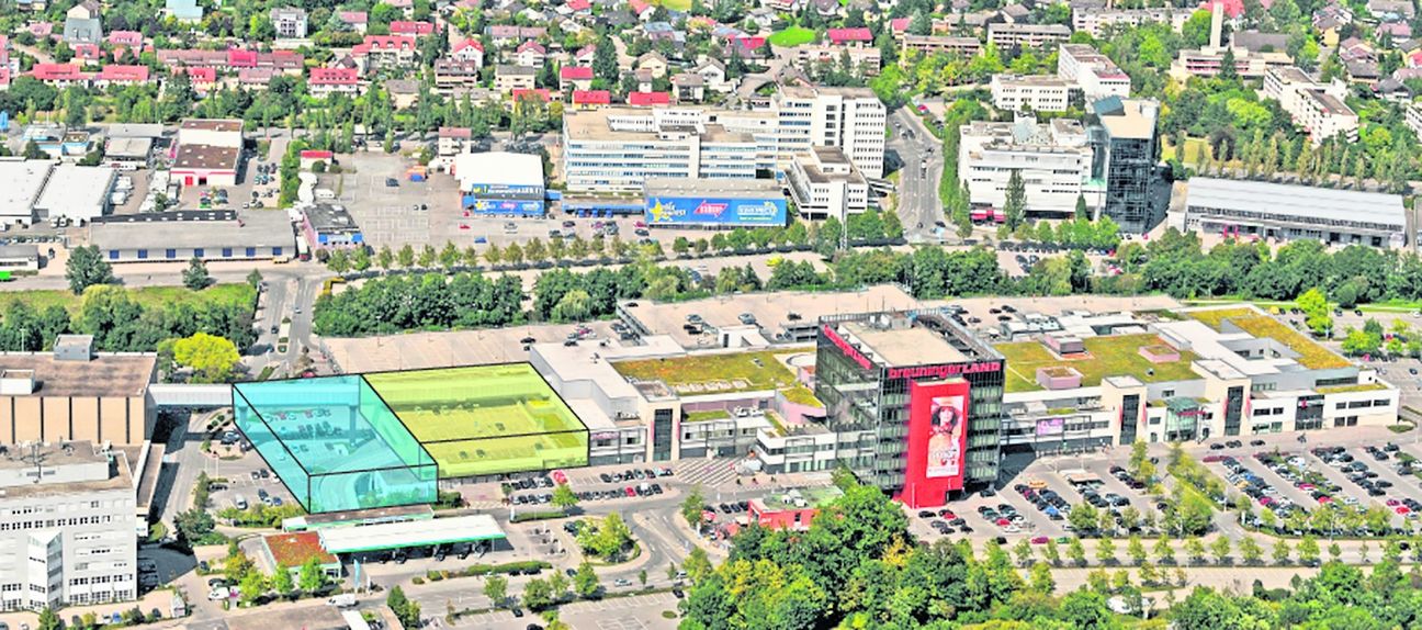 Um 9800 Quadratmeter soll das Sindelfinger Breuningerland zwischen dem bestehenden Einkaufscenter und dem Zentrallager von Breuninger (links) erweitert werden.  Bild: Stampe/A