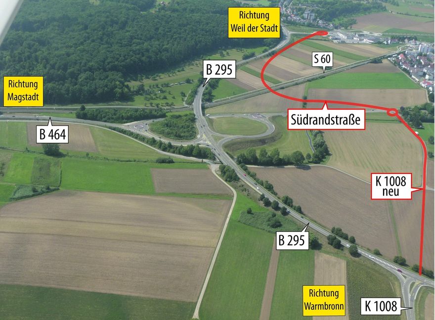 An diesem Kreisverkehr unterhalb der B 295 bei Renningen endet die B 464 aus Richtung Böblingen/Sindelfingen.