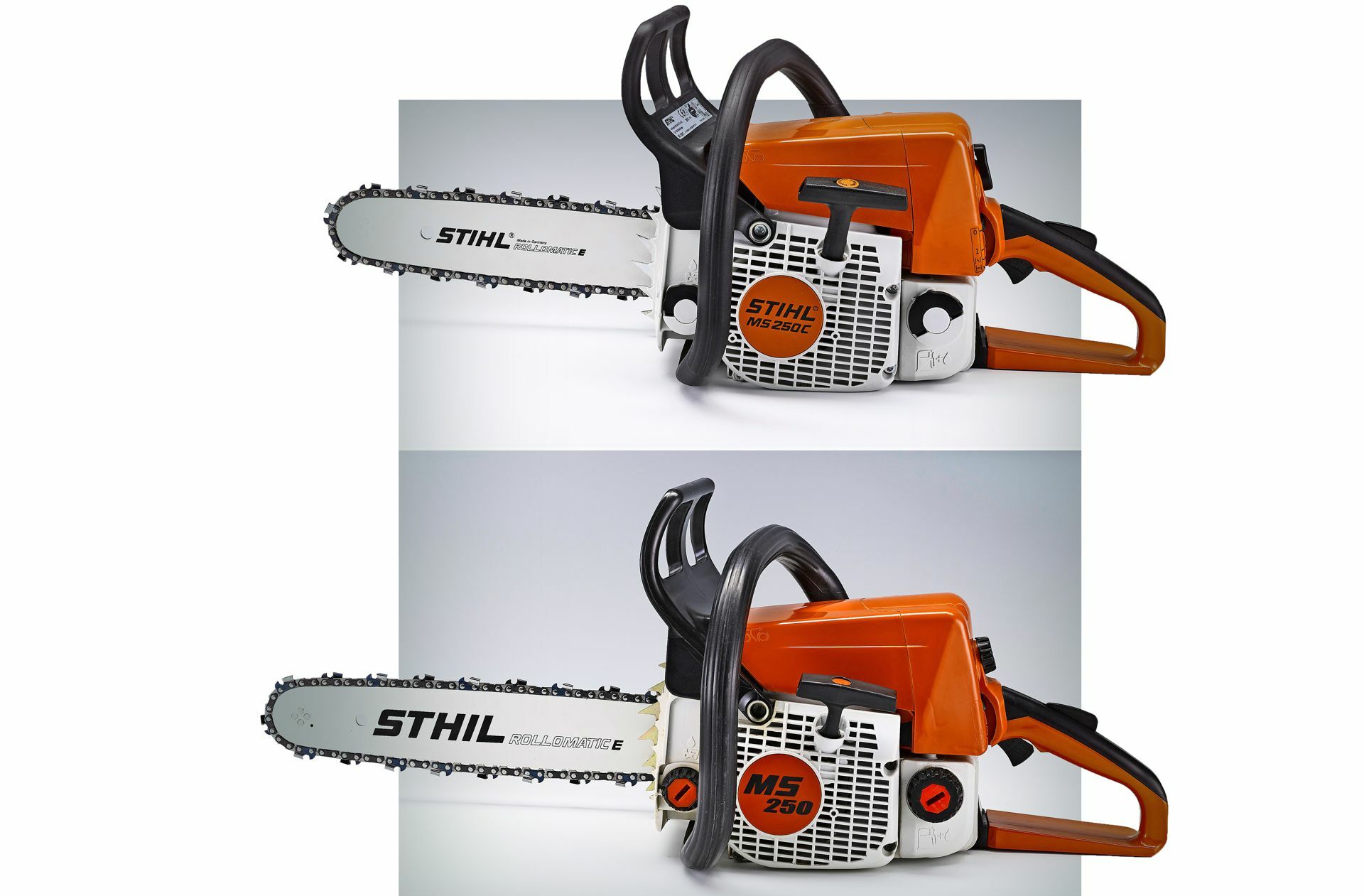 Oben das Original einer Stihl-Motorsäge, unten eine Fälschung aus China, die mit dem Negativpreis Plagiarius  für ein besonders dreistes Plagiat bedacht wurde. Foto: Aktion Plagiarius e. V.