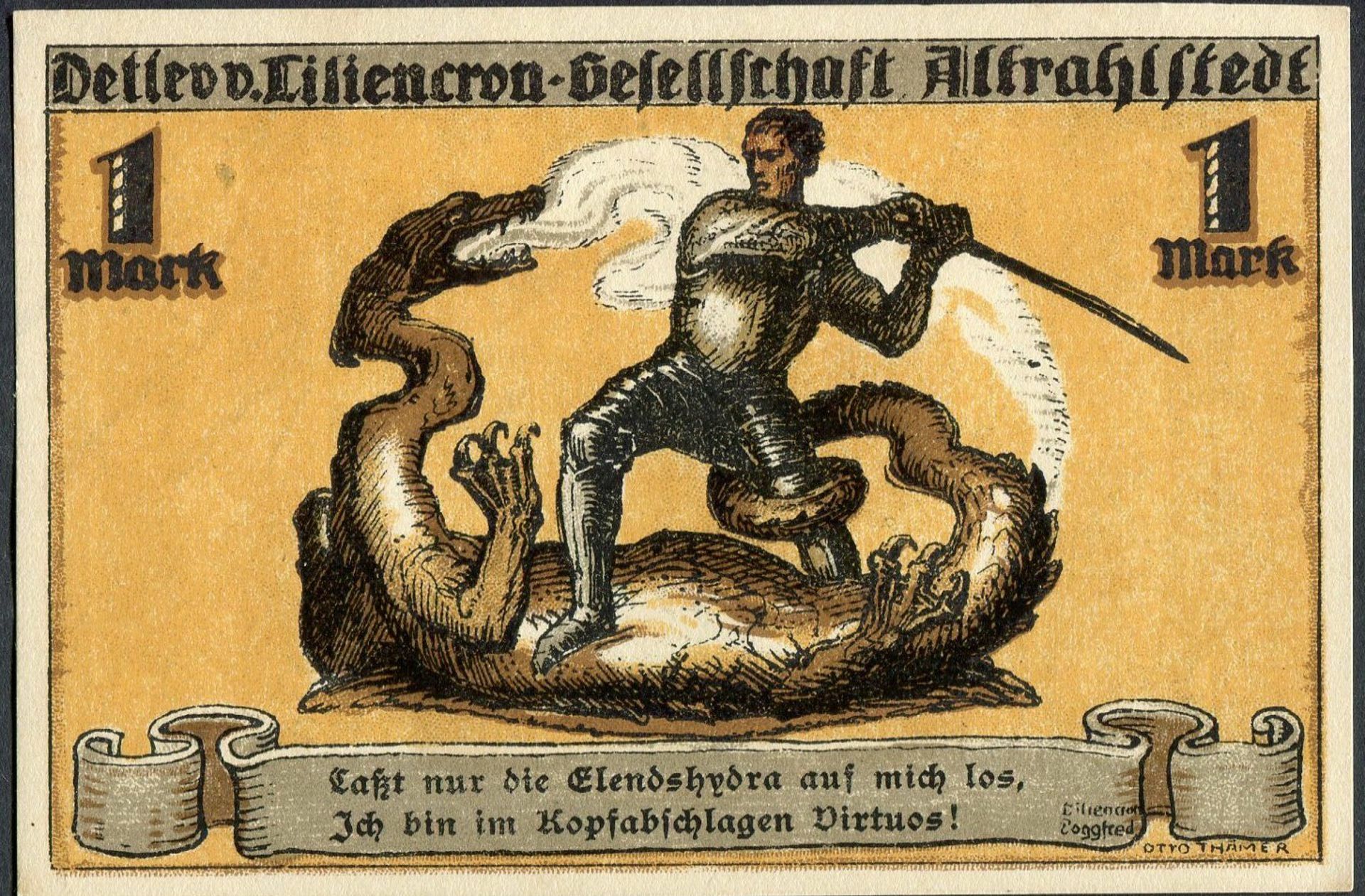 Heldenhaft: Altrahlstedt ehrt mit seiner 1-Mark-Note den Dichter Detlev von Liliencron.