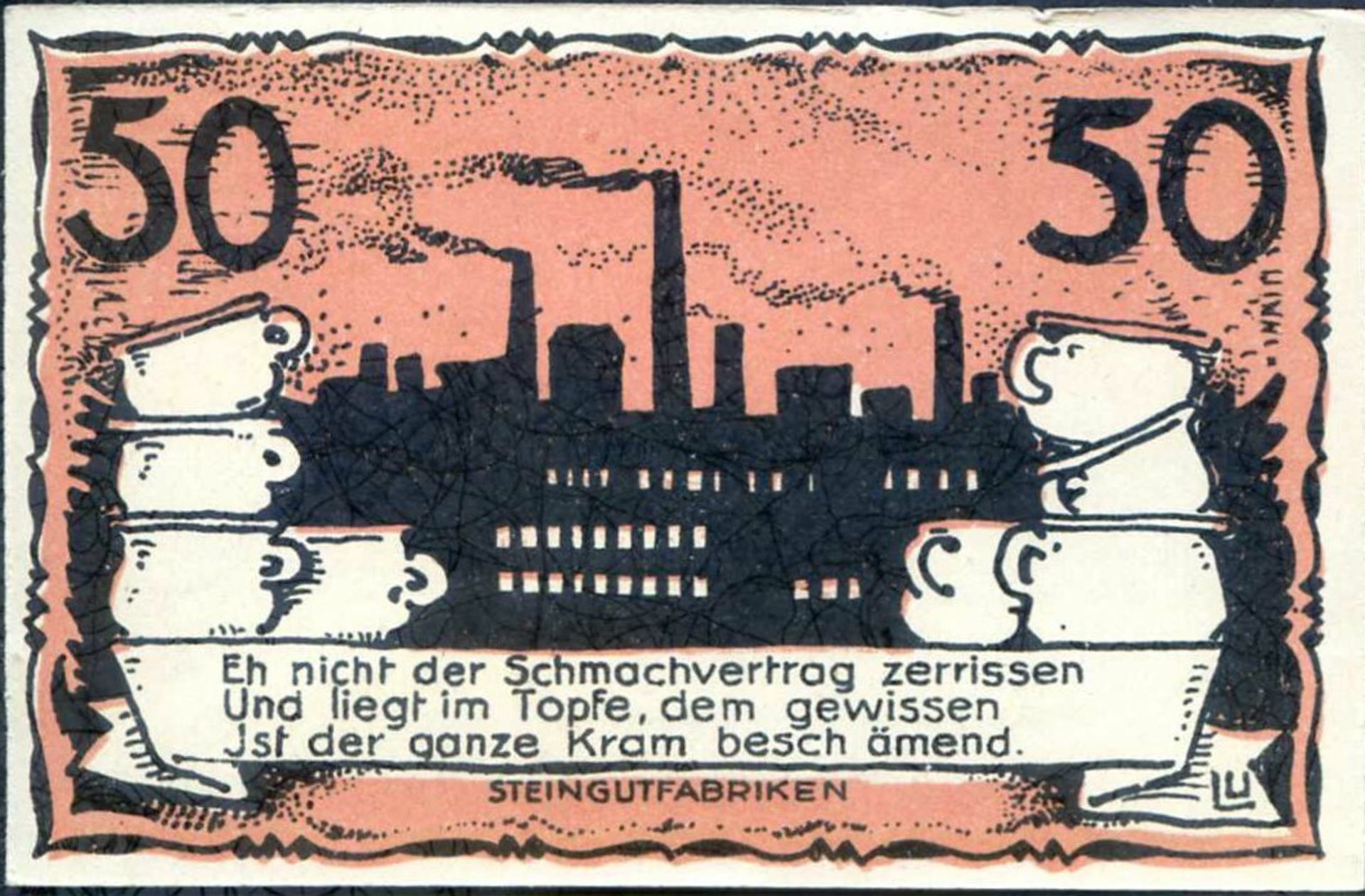 Der Ort Neuhaldensleben lästert auf seinem Geldschein über den Versailler Vertrag.