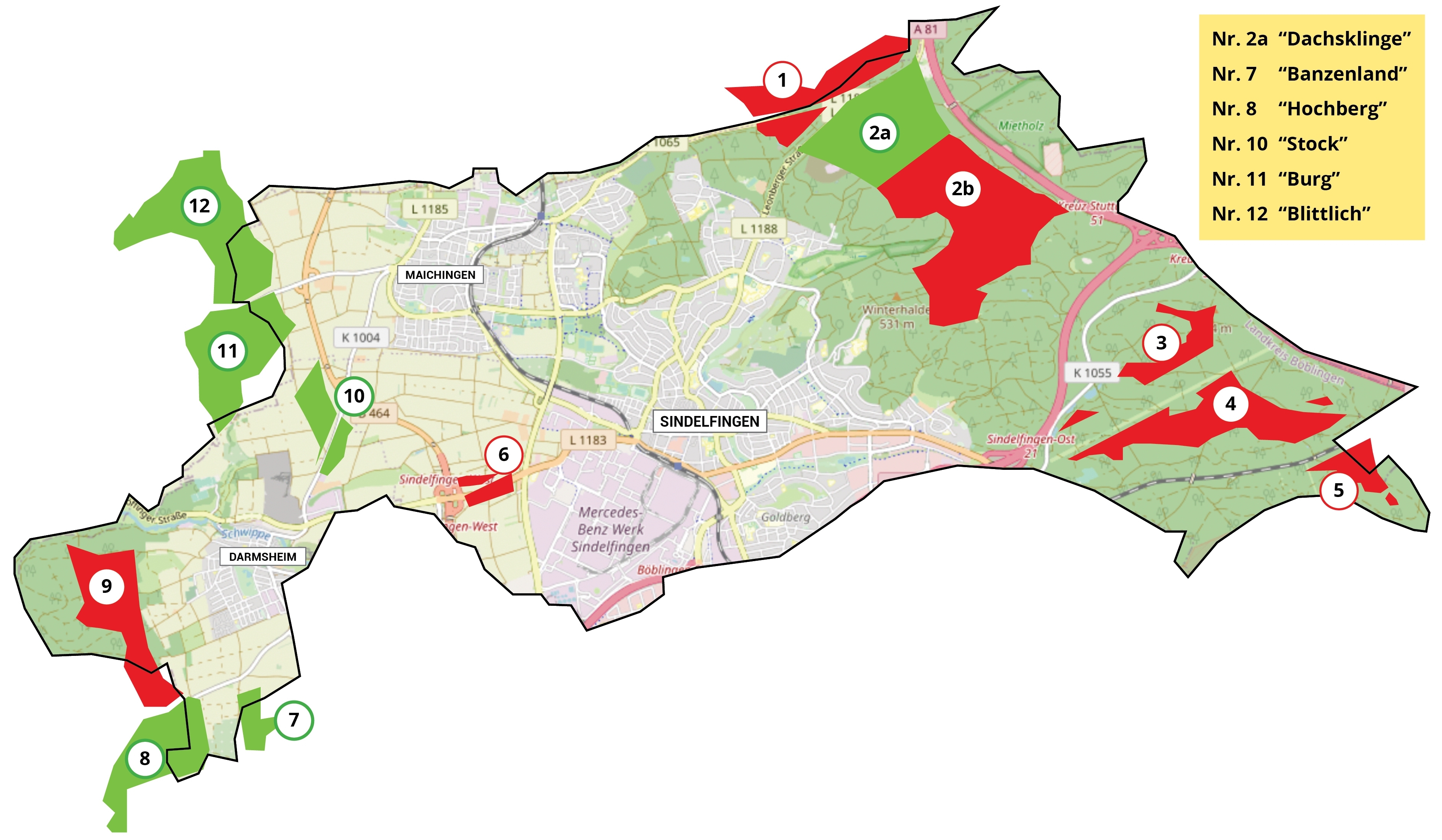 Die Ziffern 1 bis 12 zeigen alle die Windradstandorte, die laut Region auf Sindelfinger Gemarkung geeignet sind. Die rot unterlegten Ziffern hält dagegen die Sindelfinger Verwaltung für ungeeignet. Sie sieht nur die grün unterlegten Ziffern als künftige Standorte. Grafik: Teufel/Stadt Sindelfingen