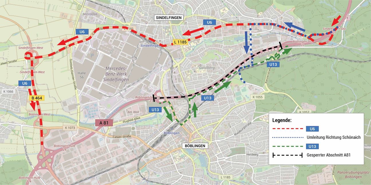 Dies sind die Umleitungsempfehlungen, solange die A 81 zwischen den Anschlüssen Böblingen/Sindelfingen und Sindelfingen Ost am Wochenende gesperrt ist. Grafik: Teufel