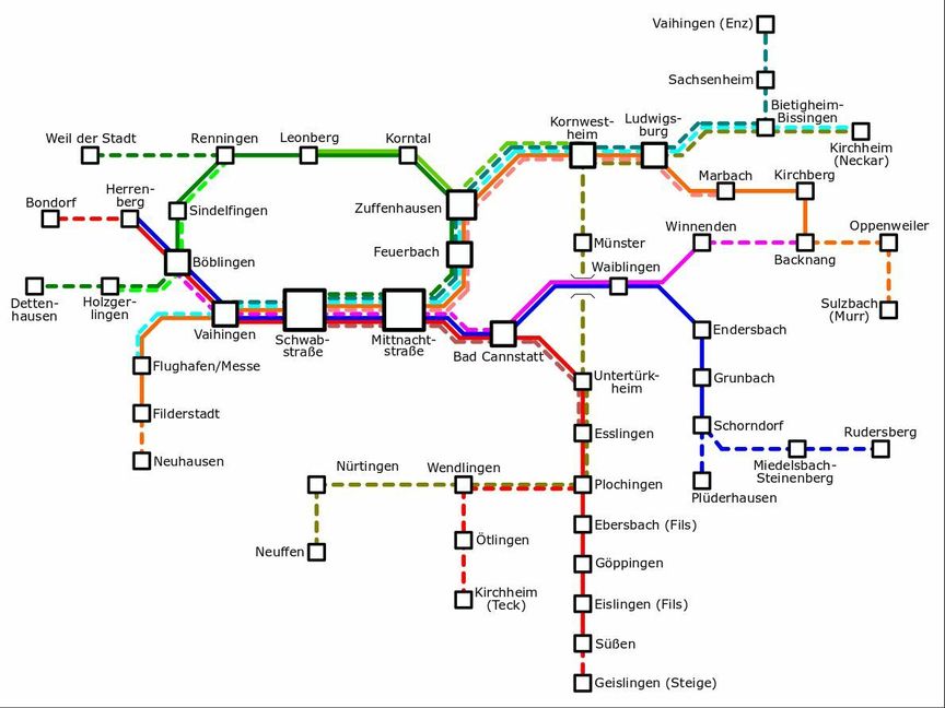 In der "Vision 2030+" von Masterstudent Steffen Thomma wird das S-Bahn-Netz an den Rändern um bestehende Strecken ergänz. Dadurch ergeben sich auch für Fahrgäste, die außerhalb des heutigen S‑Bahn-Netzes wohnen, neue umsteigefreie Verbindungen. Bild: z