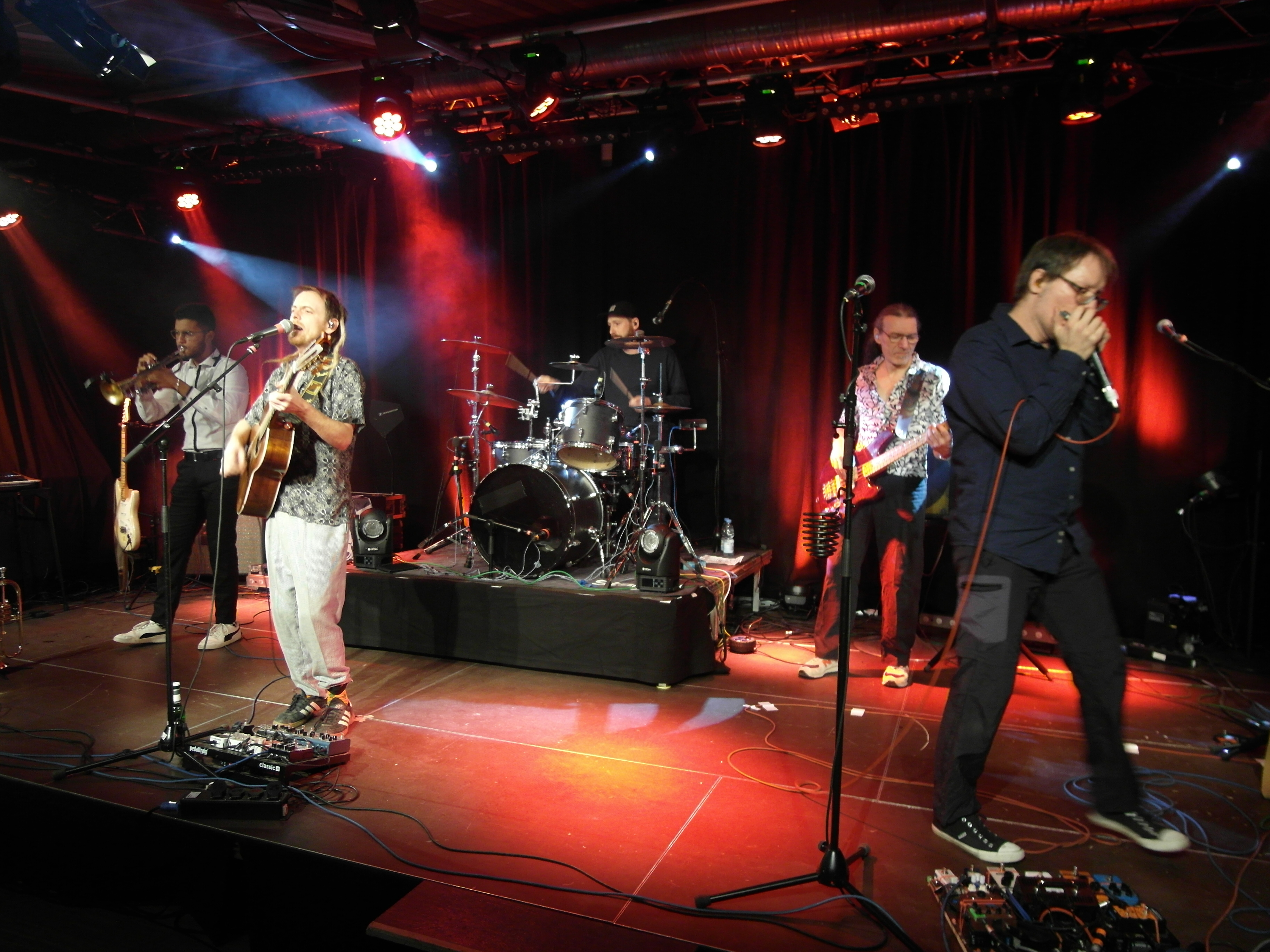 Malaka Hostel im Sindelfinger Pavillon (von links): Joshua Castillo (Trompete, Synthesizer, Gesang) , Viktor Wagner (Gesang und Gitarre), Grischa Kursawe (Schlagzeug), Werner Wilz (Bass), Holger Guirisberger (Mundharmonika, Gitarre und Gesang).  Bild: Staber