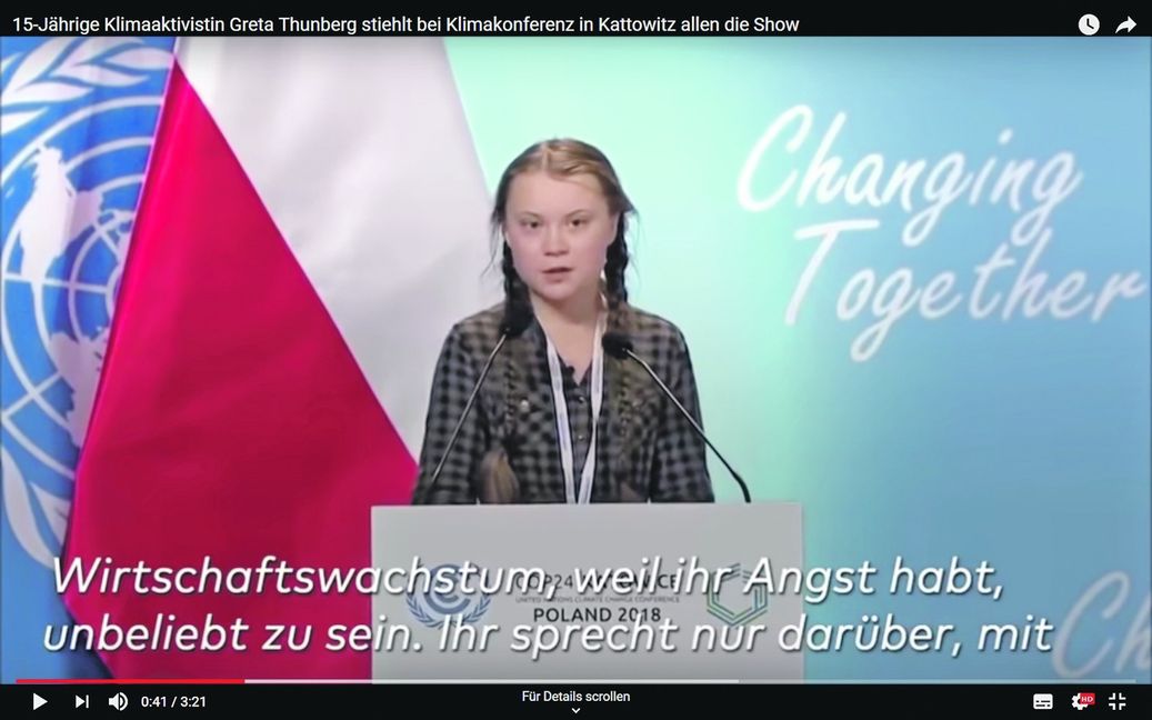 Greta Thunbergs Rede auf der Weltklimakonferenz gibt es mit deutschen Untertiteln auf bbheute.de. Bild: Youtube