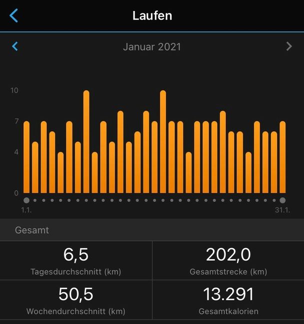 31 Tage, 31 Läufe, 31 Balken. Katrin Finkelnburgs Streak als Diagramm.