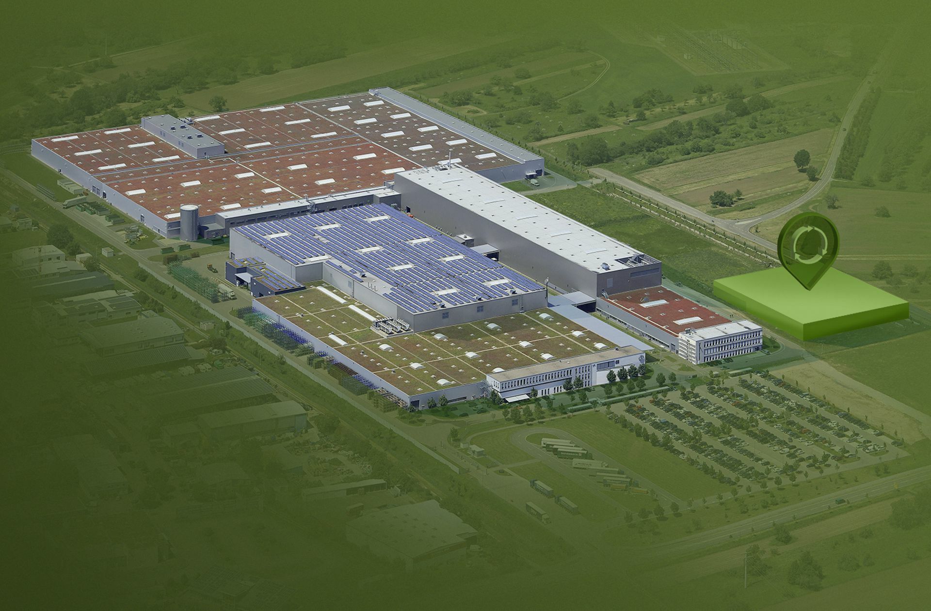 Neben dem Karosseriepresswerk baut Mercedes in Kuppenheim auf einer 7000 Quadratmeter großen Fläche eine Anlage zum Recycling von Elektroauto-Batterien (grünes Areal).