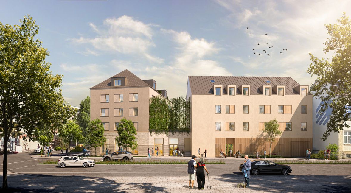 So soll das neue Gebäude an der Talstraße nach seiner Fertigstellung von außen aussehen. Rechts befindet sich das Hospiz, entlang der Karlstraße entstehen 10 geförderte Mietwohnungen sowie eine Gewerbefläche, die die Post beziehen wird.  Bild: Steinhoff/Haehnel Architekten Stuttgart